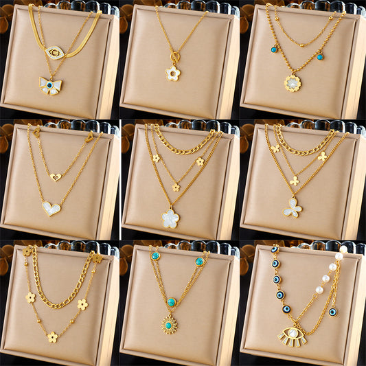 Collana con ciondolo a fiocco floreale a cuore irregolare multistrato in acciaio inossidabile moda vintage