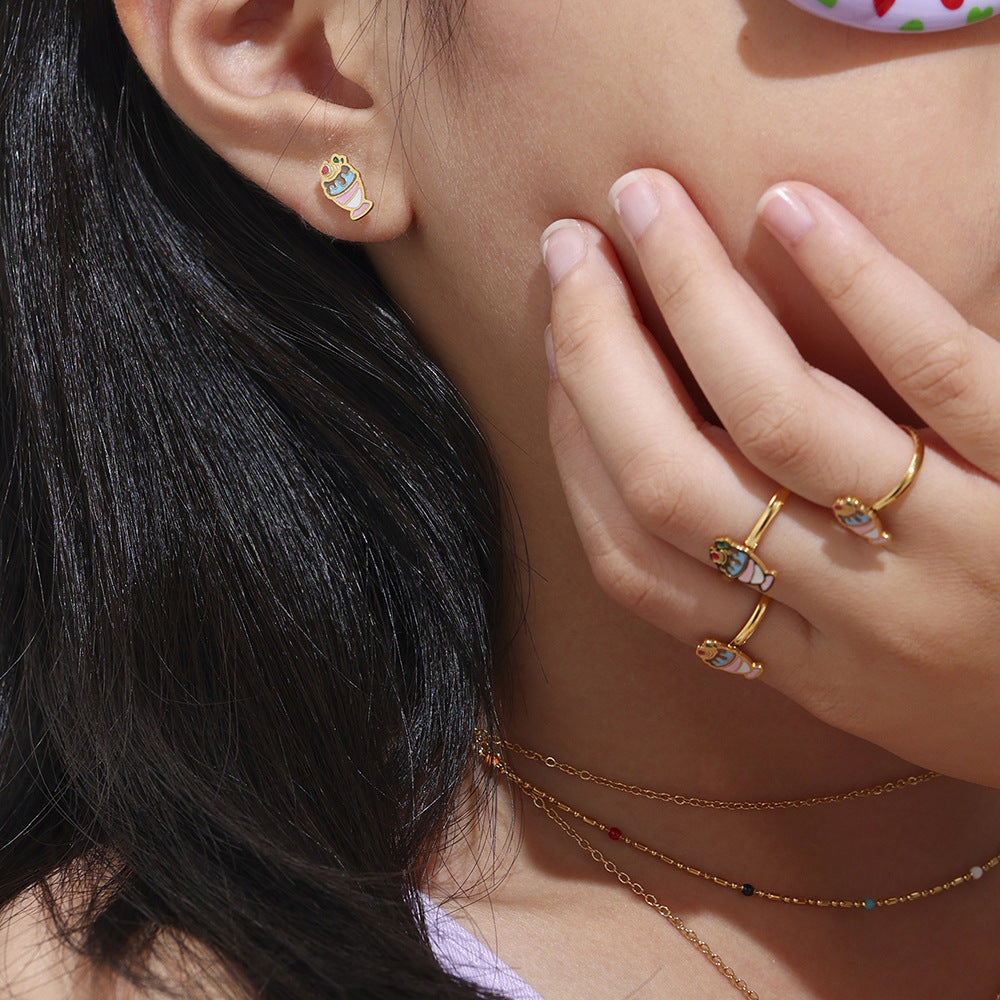Cute Ice Cream Shaped Titanium Steel Necklace Set with Plated Finish for Kids, Includes Necklace and Bracelet