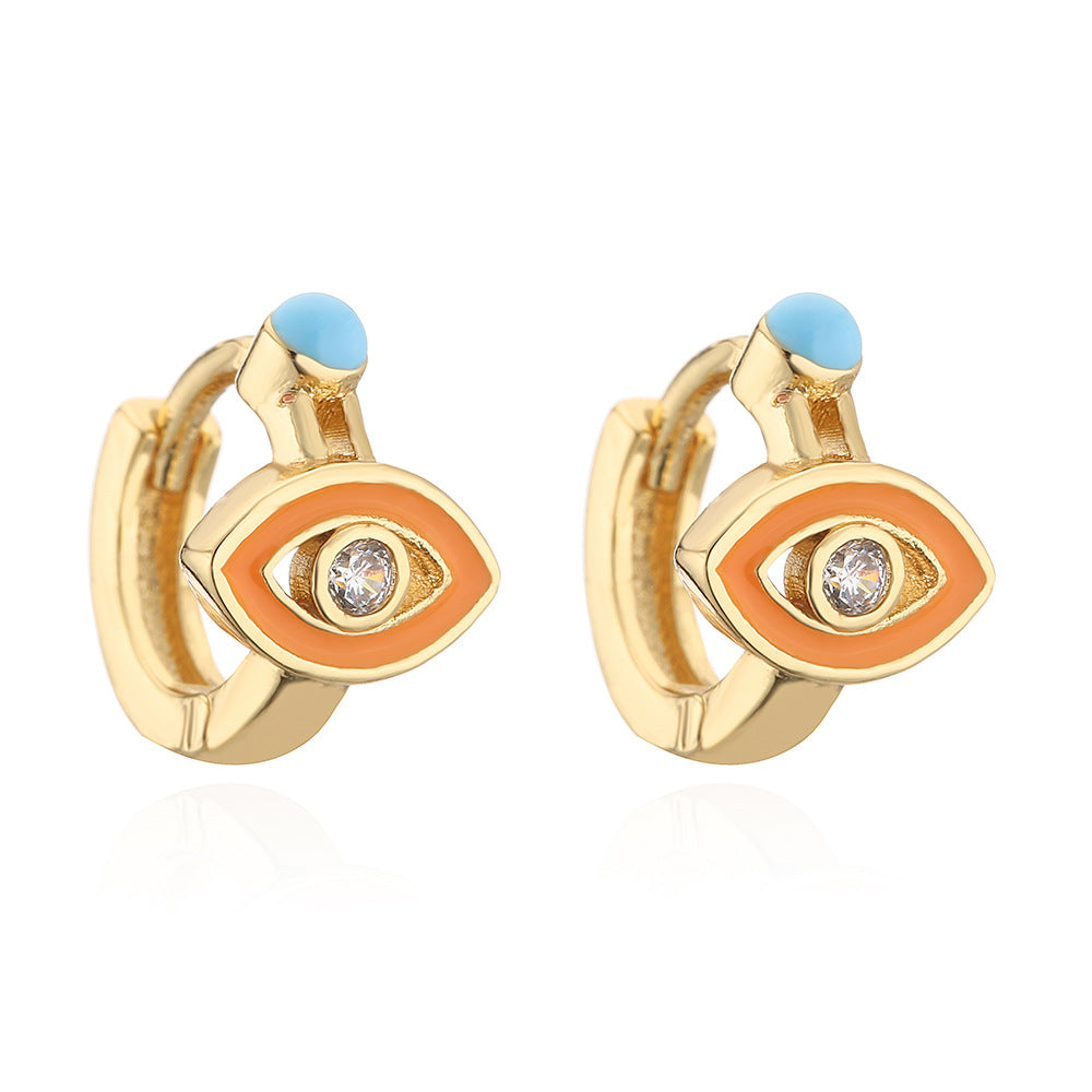 Minimalist Geometric Copper Earrings with 18K Gold Plating and Enamel-Finished Zirconia Eye Accents for Women
