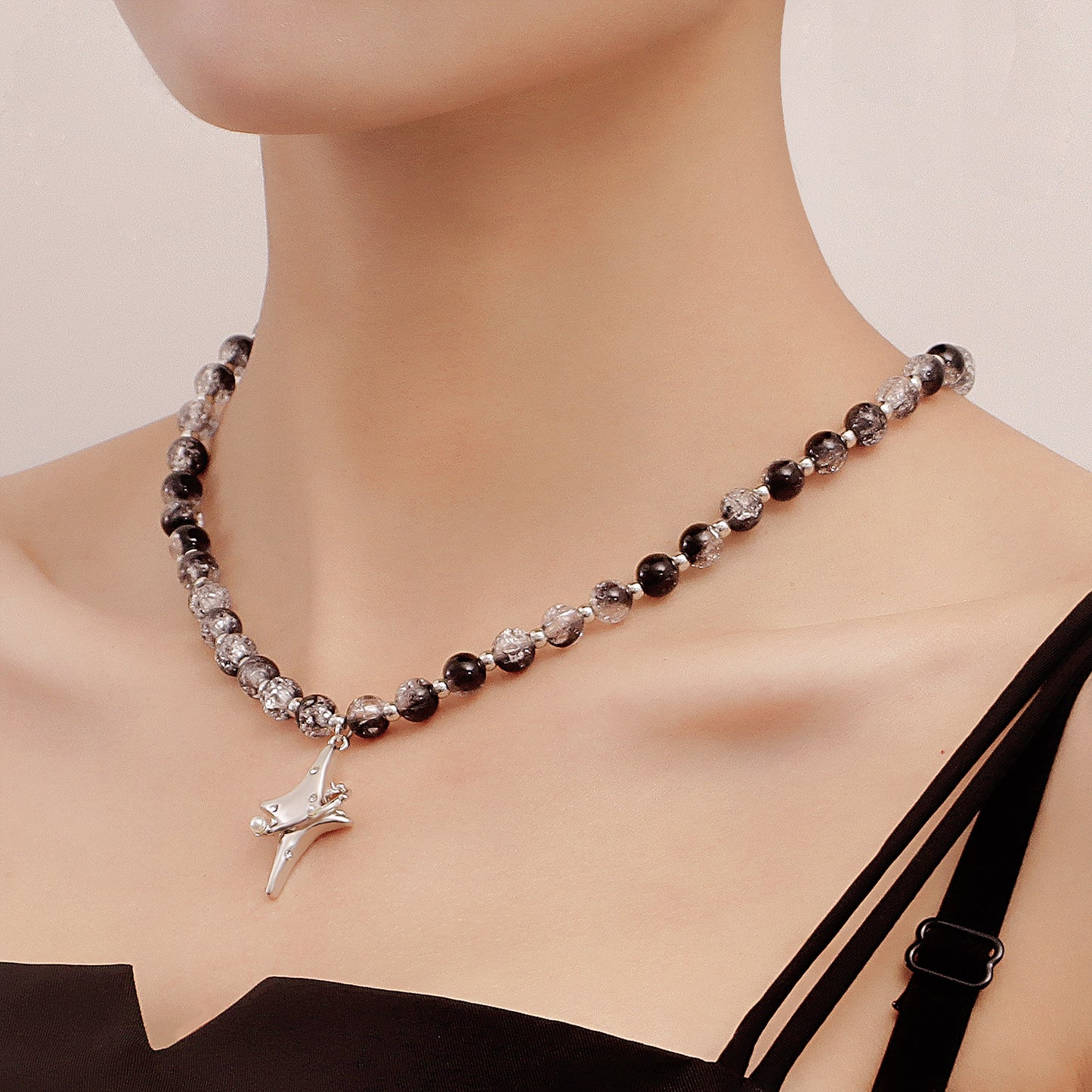 Vintage-Style Geometric Black and White Beaded Cross Star Pendant Necklace for Women with Alloy Base and Plated Finish