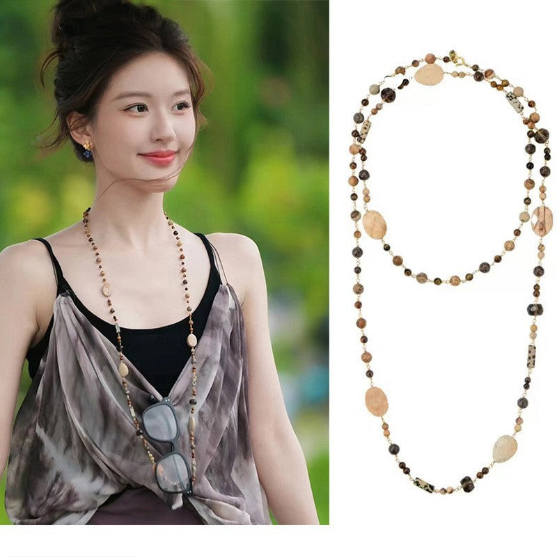 Collana pendente occhio di tigre in stile retrò con design geometrico da donna, catena a maglie color oro, accessorio minimalista di lusso