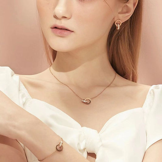 Luxury Stainless Steel Roman Numeral Double Ring Necklace Set with Cubic Zirconia and Curb Chain for Women