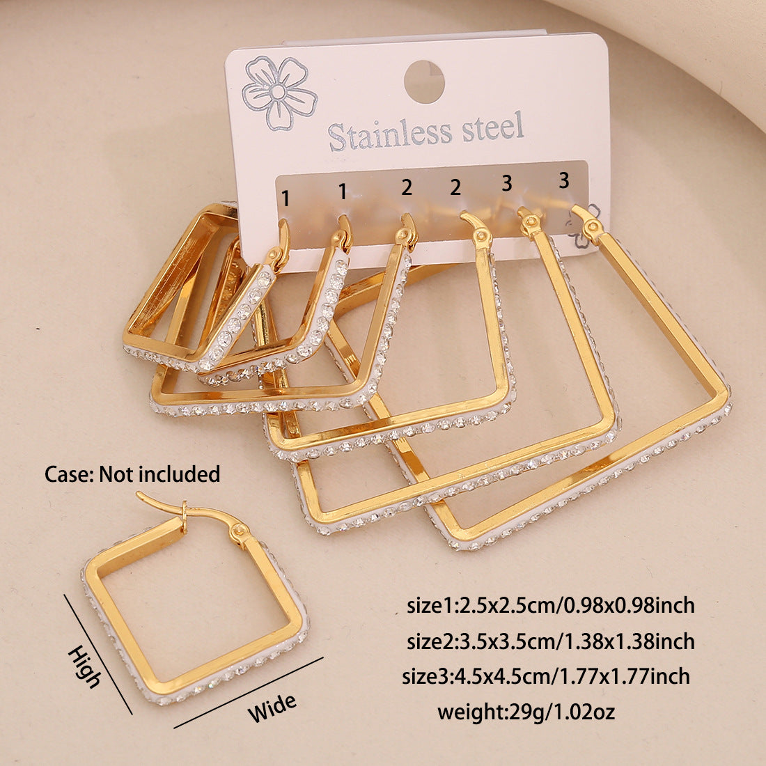 Orecchini a perno geometrici a forma di cuore alla moda in acciaio inossidabile con intarsio completo di strass