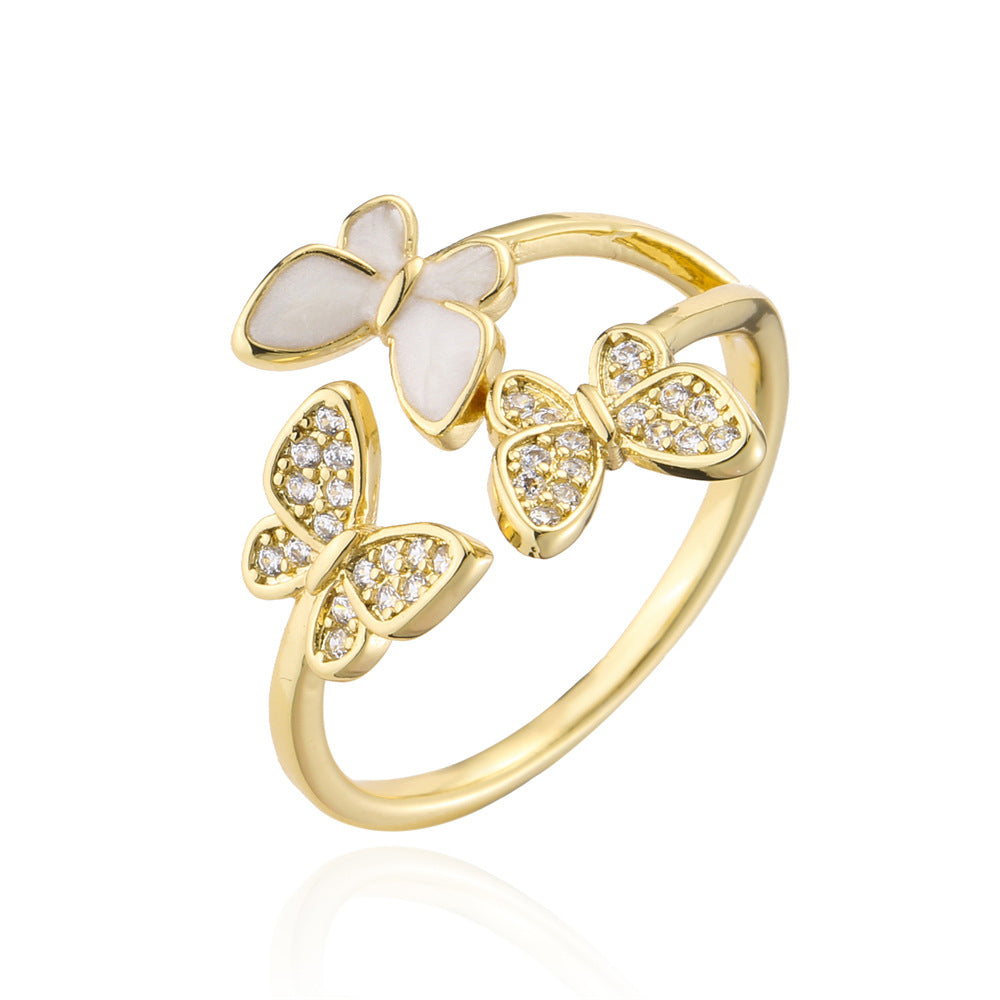 18K Gold Plated Brass Micro-Inlaid Cubic Zirconia Butterfly Ring for Women