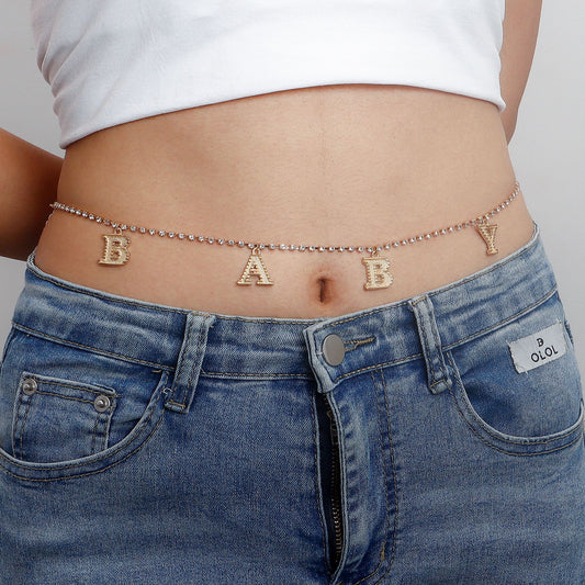 Punk Letter Rhinestone Curb Chain Body Chain for Women