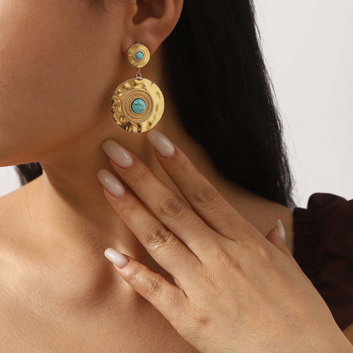 Pendientes de Acero Inoxidable Geométricos Vintage con Incrustaciones de Turquesa y Acabado Chapado