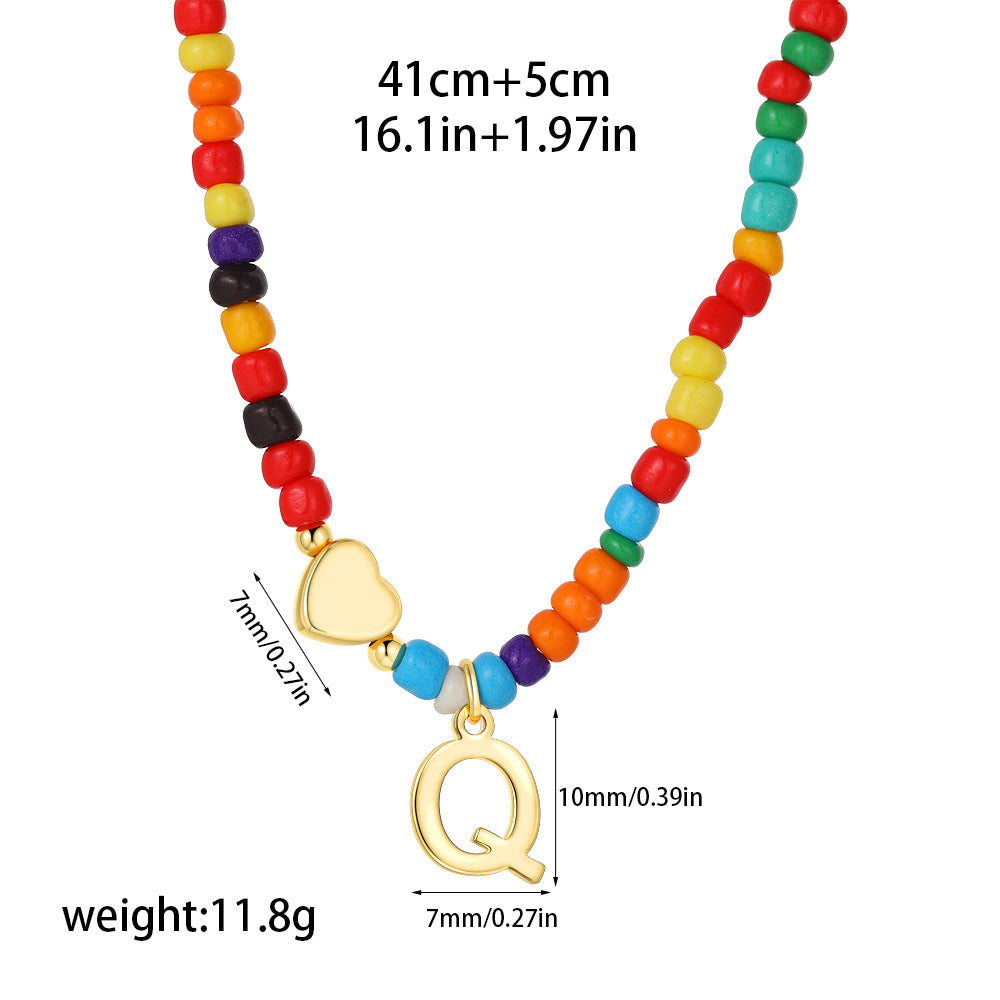 Collana Unisex Casual Placcata Oro 14K con Ciondolo a Cuore Lettera e Perline in Acciaio Inossidabile