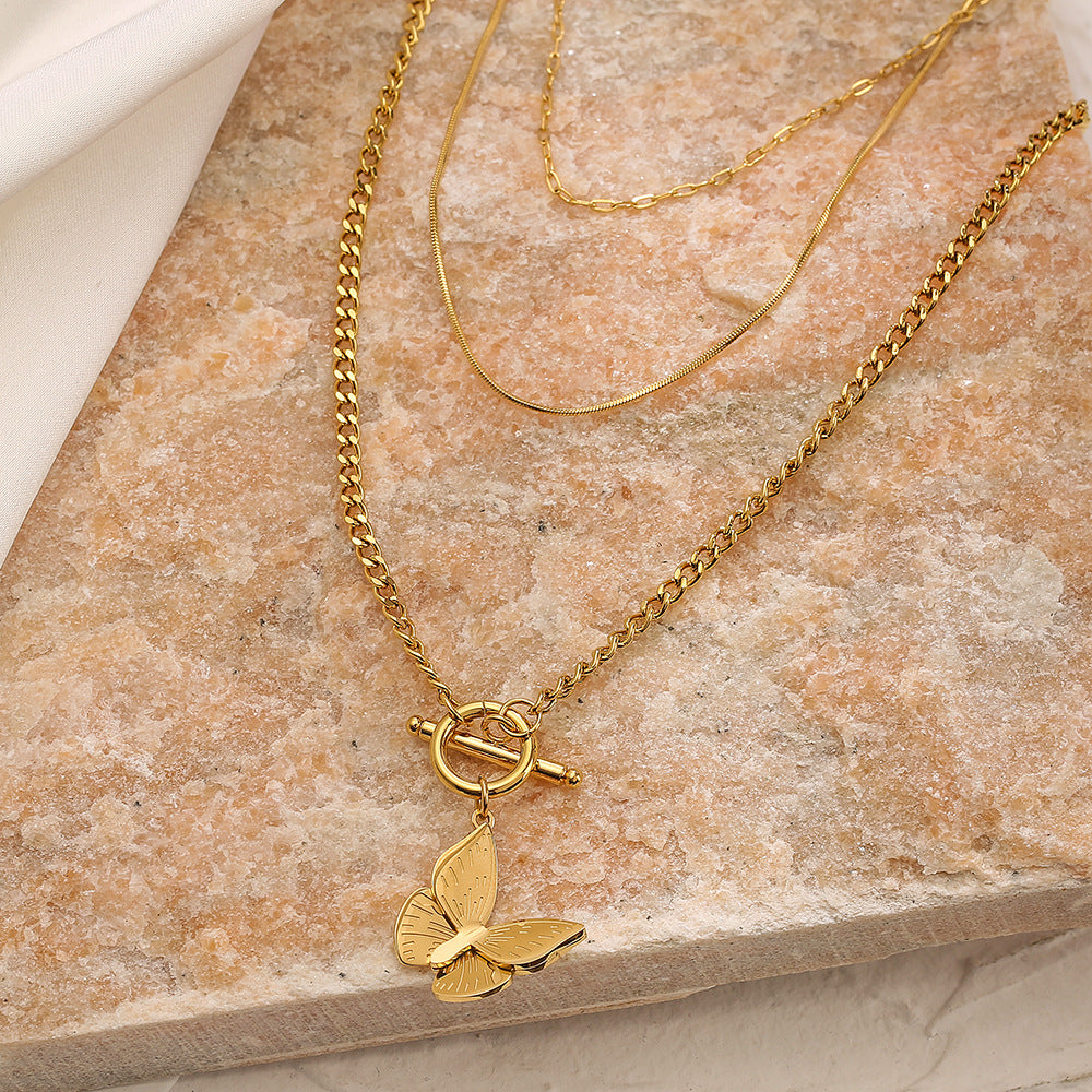 Multi-Layer Chain OT Clasp Butterfly Pendant Titanium Steel Necklace