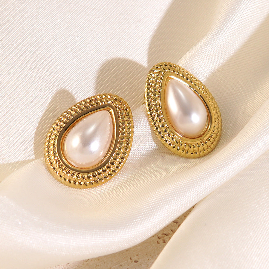 Vintage Geometric Oval Pearl Plated Stainless Steel Earrings for Women