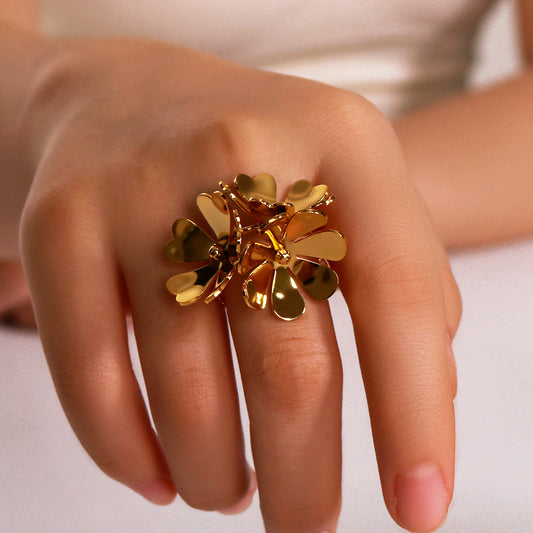 Geometric Floral Open Ring and Earring Set in Stainless Steel with 18K Gold Plating for Women
