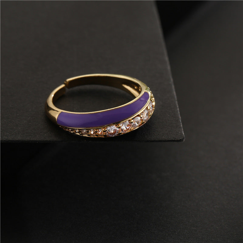Fashion Geometric Drip Oil Brass Micro-Inlaid Cubic Zirconia Adjustable Open Ring for Women