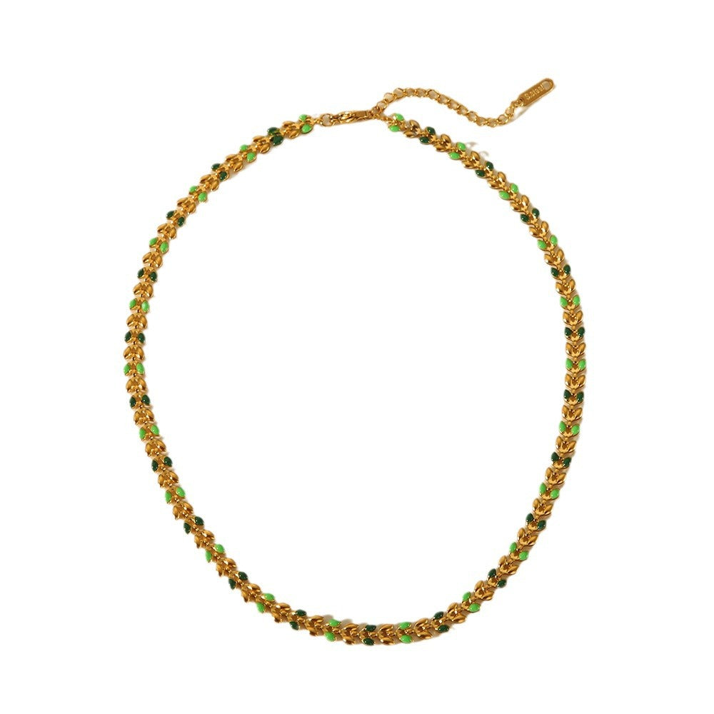 Collana Minimalista con Foglie d'Olivo in Acciaio al Titanio con Smaltatura e Finitura Placcata per Donna