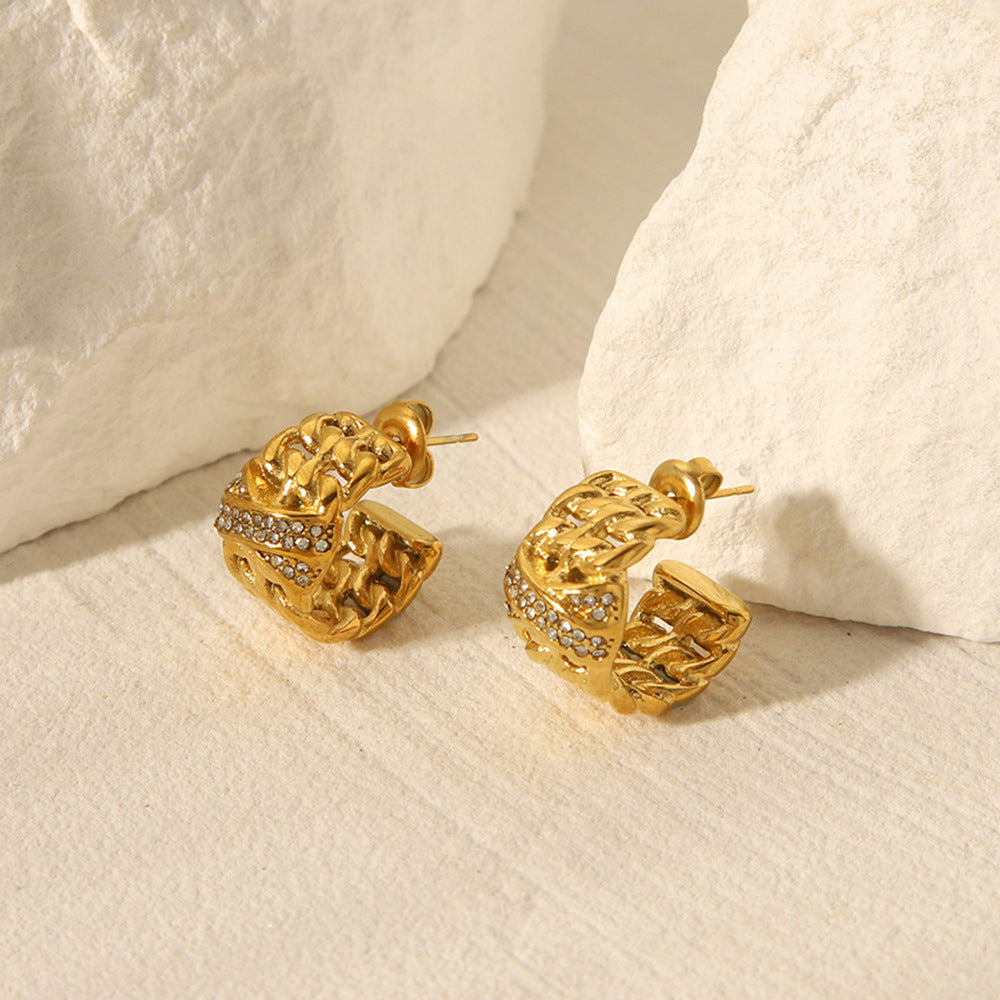 Pendientes de Mujer de Acero Inoxidable Bañados en Oro de 18K con Forma de C, Diseño Geométrico, Cadena de Múltiples Capas y Diamantes de Imitación, Estilo Ins