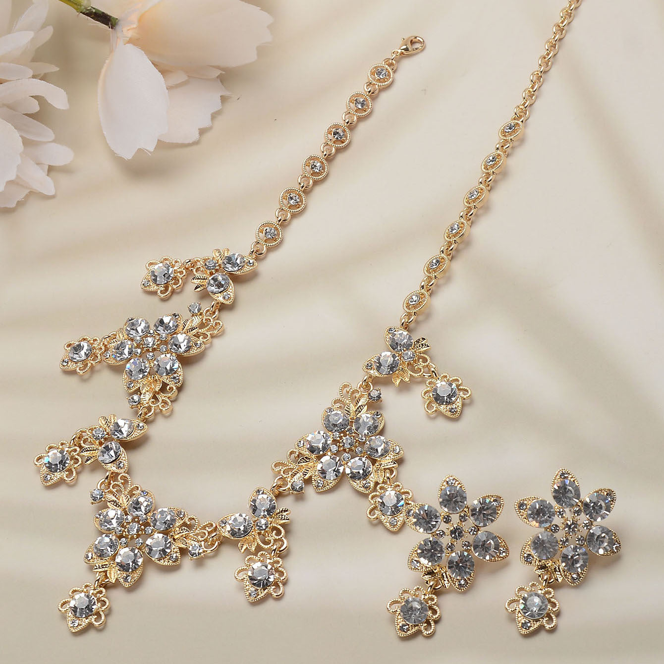 Sweet Geometric Alloy Necklace and Earring Set with Cubic Zirconia and Crystal Inlay for Women Wedding Bridal Jewelry