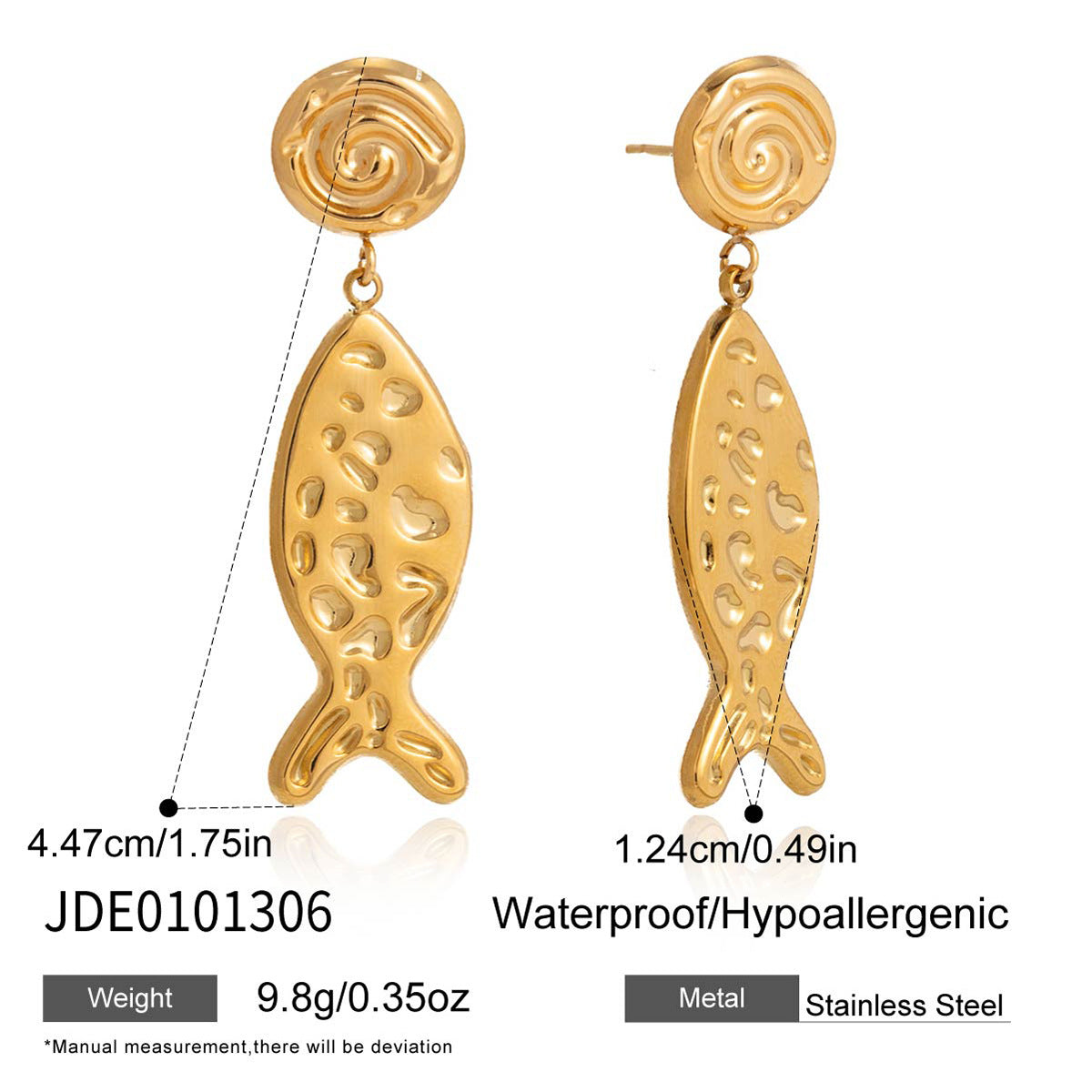 Luxury Hammered Fish Geometric Stainless Steel Stud Earrings for Women