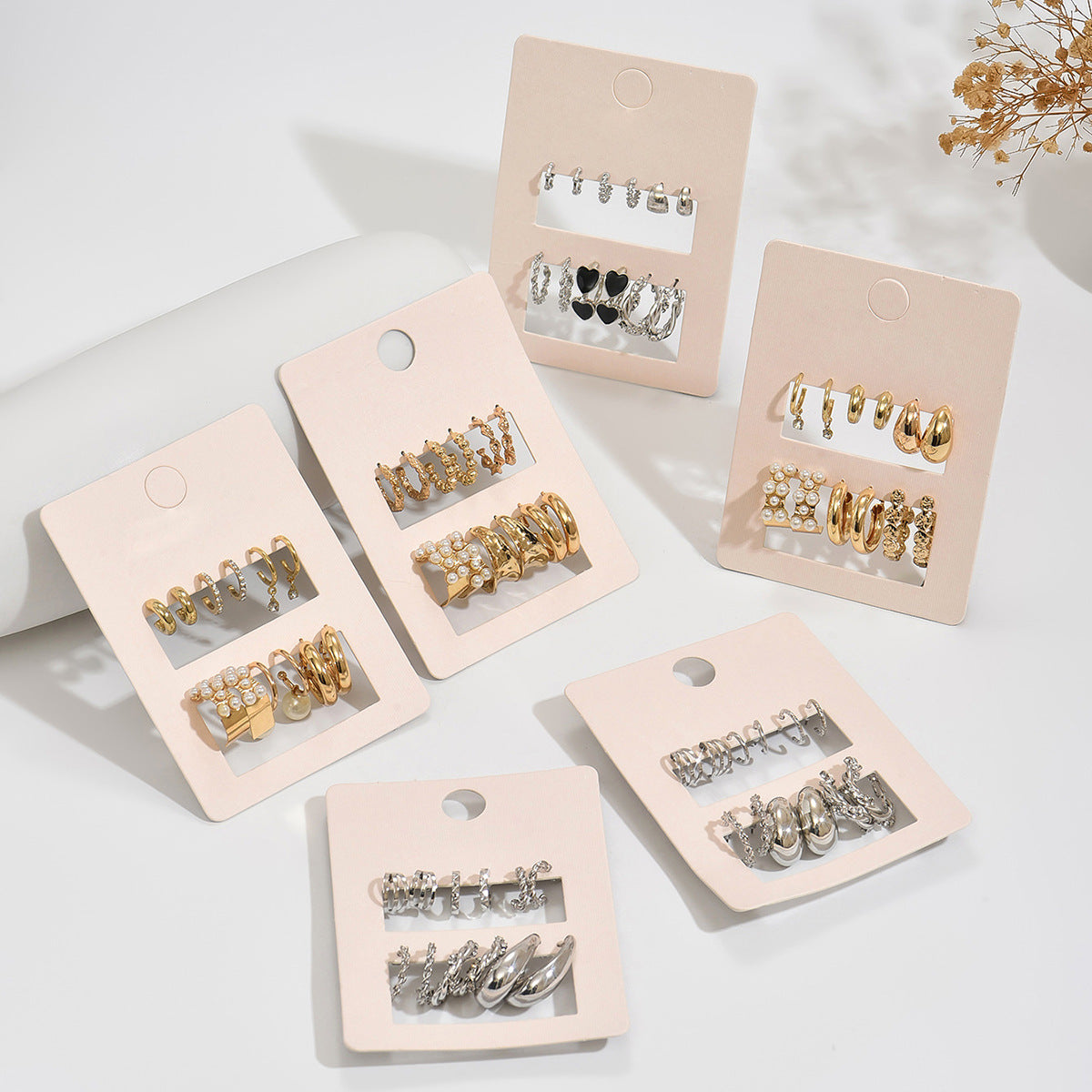 Vintage Business Geometric Square Round Alloy Plated Hoop Earring Set with Pearl Inlay for Women