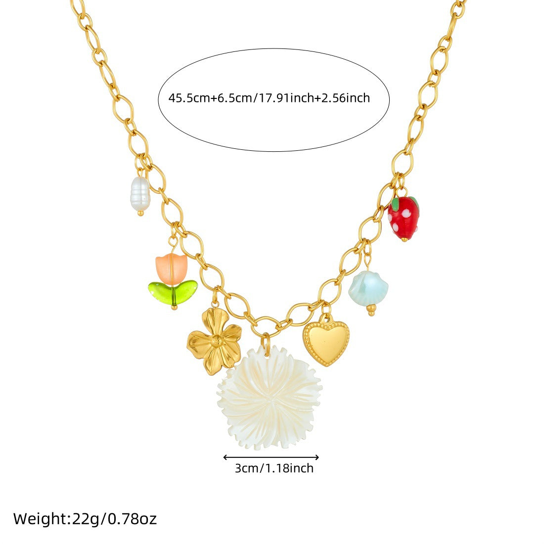 Chic Gold Plated Heart Strawberry Floral Stainless Steel Necklace for Women