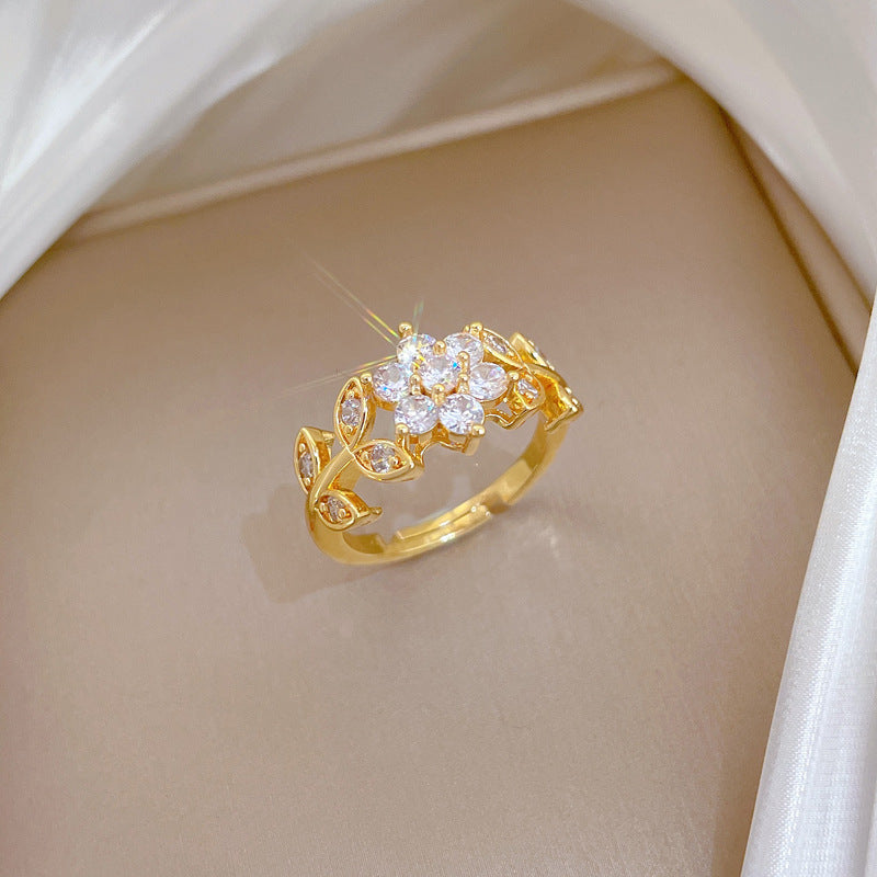 Sweet Minimalist Gold Plated Floral Rhinestone Adjustable Ring for Women and Couples