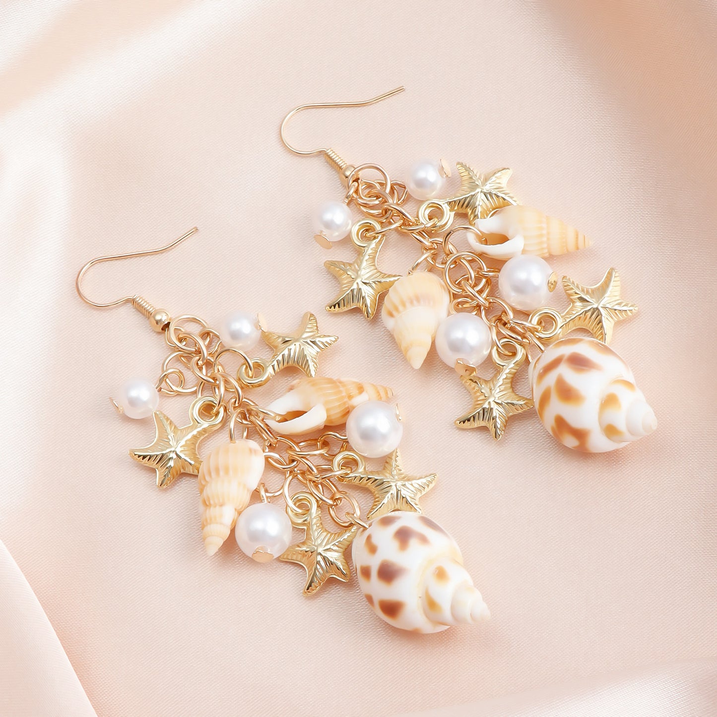 Pendientes con forma de concha marina y estrella de estilo vintage para mujer con acabado chapado y detalles de perlas