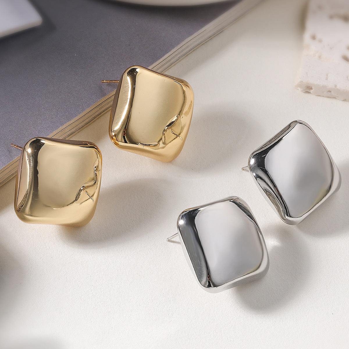 Minimalist 18K Gold Plated Square Geometric Brass Stud Earrings