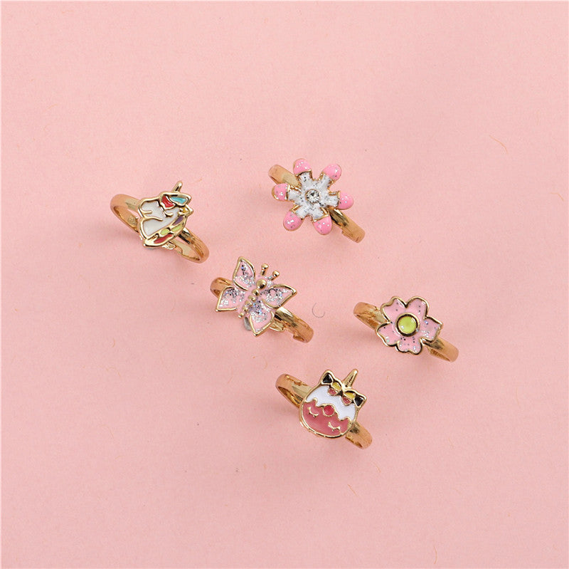 Anello a cartone animato con farfalla floreale per bambini in lega regolabile con finitura smaltata, stile principessa, anello regolabile per dito carino