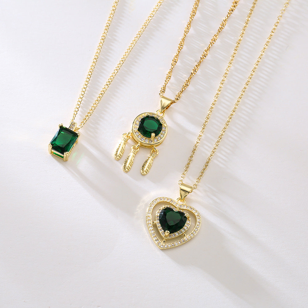 Minimalist Geometric Pendant Necklace for Women in Copper with 18K Gold Plating and Green Zirconia