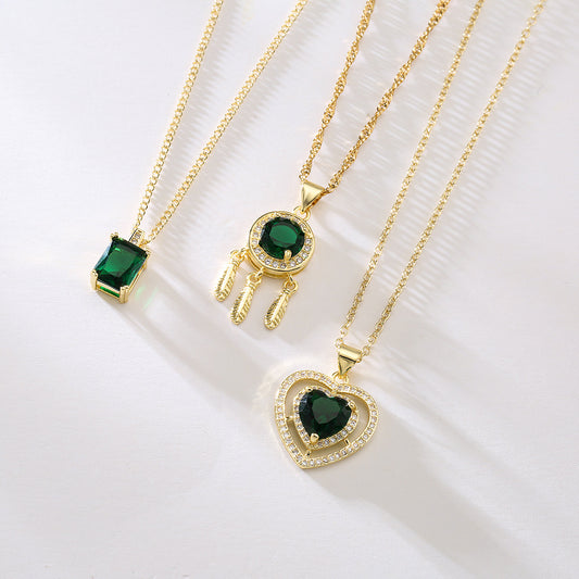 Minimalist Geometric Pendant Necklace for Women in Copper with 18K Gold Plating and Green Zirconia