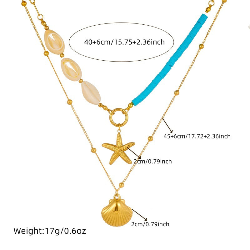 Collana a strati con ciondolo a stella marina e perla in acciaio inossidabile Fashion Office con charm a conchiglia e catena a scatola color oro