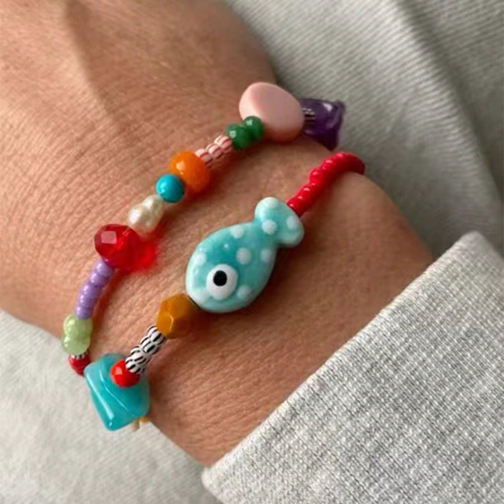 Sweet Geometric Ceramic Glass Fish Beaded Bracelet