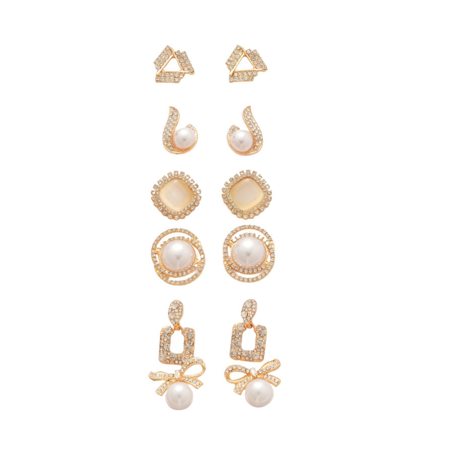 Set di Orecchini Eleganti di Lusso a Perno, con Perle Geometriche, Accenti di Strass e Perni in Acciaio Inossidabile