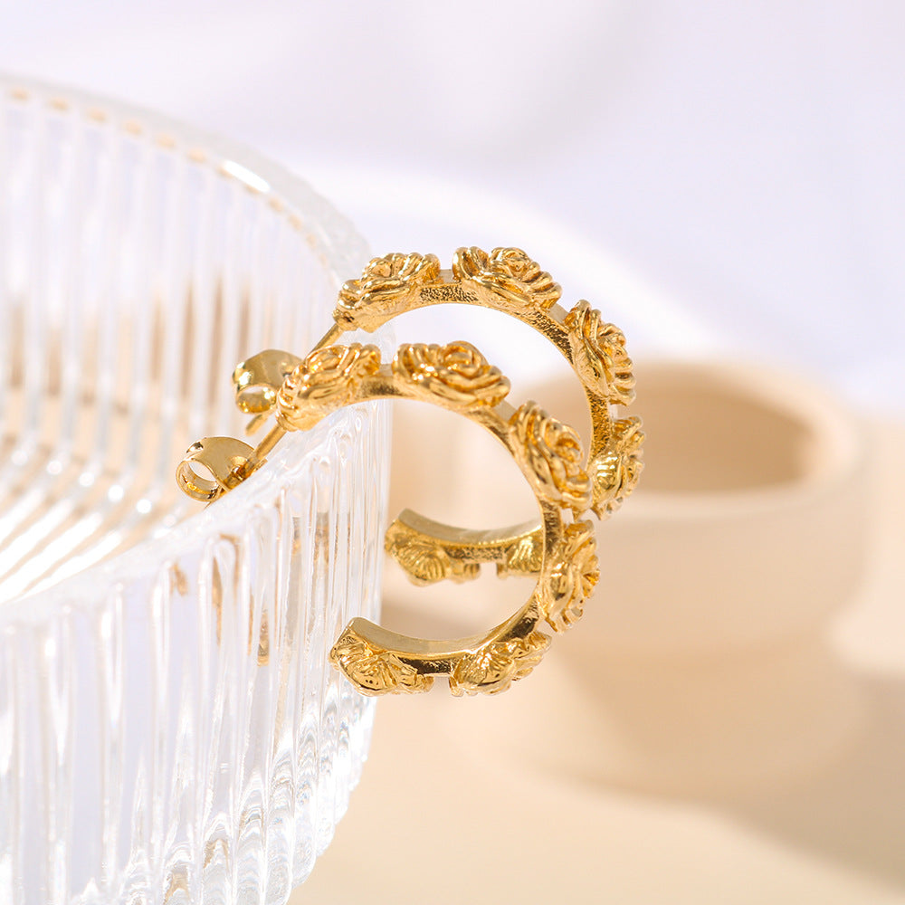 Vintage Rose Engraved Stainless Steel Earrings with 18K Gold Plating for Women Romantic Floral Design Minimalist Ear Studs