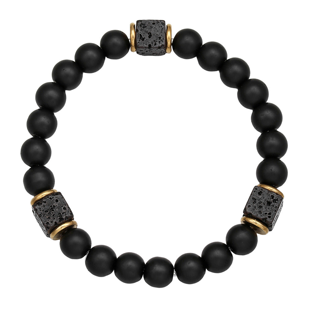 Men's Matte Black Obsidian and Volcanic Stone Beaded Bracelet Square Round Geometric Unisex Jewelry