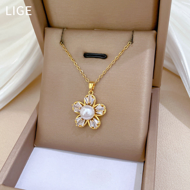 Luxury Titanium Steel Geometric Necklace and Earrings Set with Pearl and Rhinestone Accents for Women