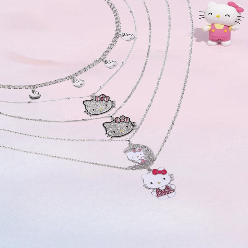 Collana da donna con ciondolo gatto a fiocco in lega smaltata, dolce e fresco, con perline di vetro