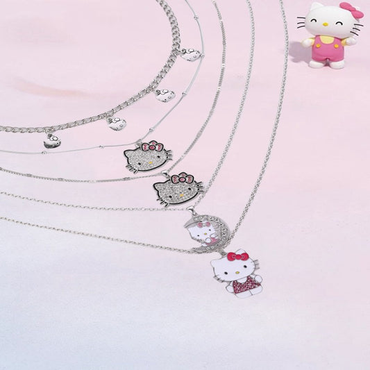 Dulce y fresco collar con colgante de aleación esmaltada con forma de lazo y gatito para mujer con cuentas de cristal