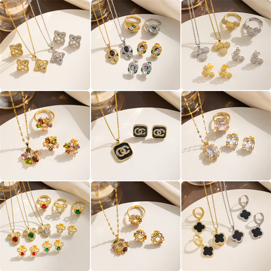 Geometric Round Mickey Clover Pendant Necklace Set in Titanium Steel with Rhinestone Inlay for Women