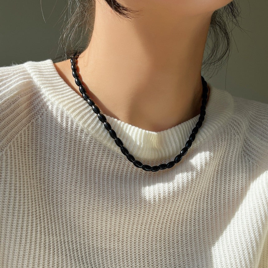 Minimalist Geometric Black Onyx Pendant Necklace in 925 Sterling Silver with Rhodium Plating