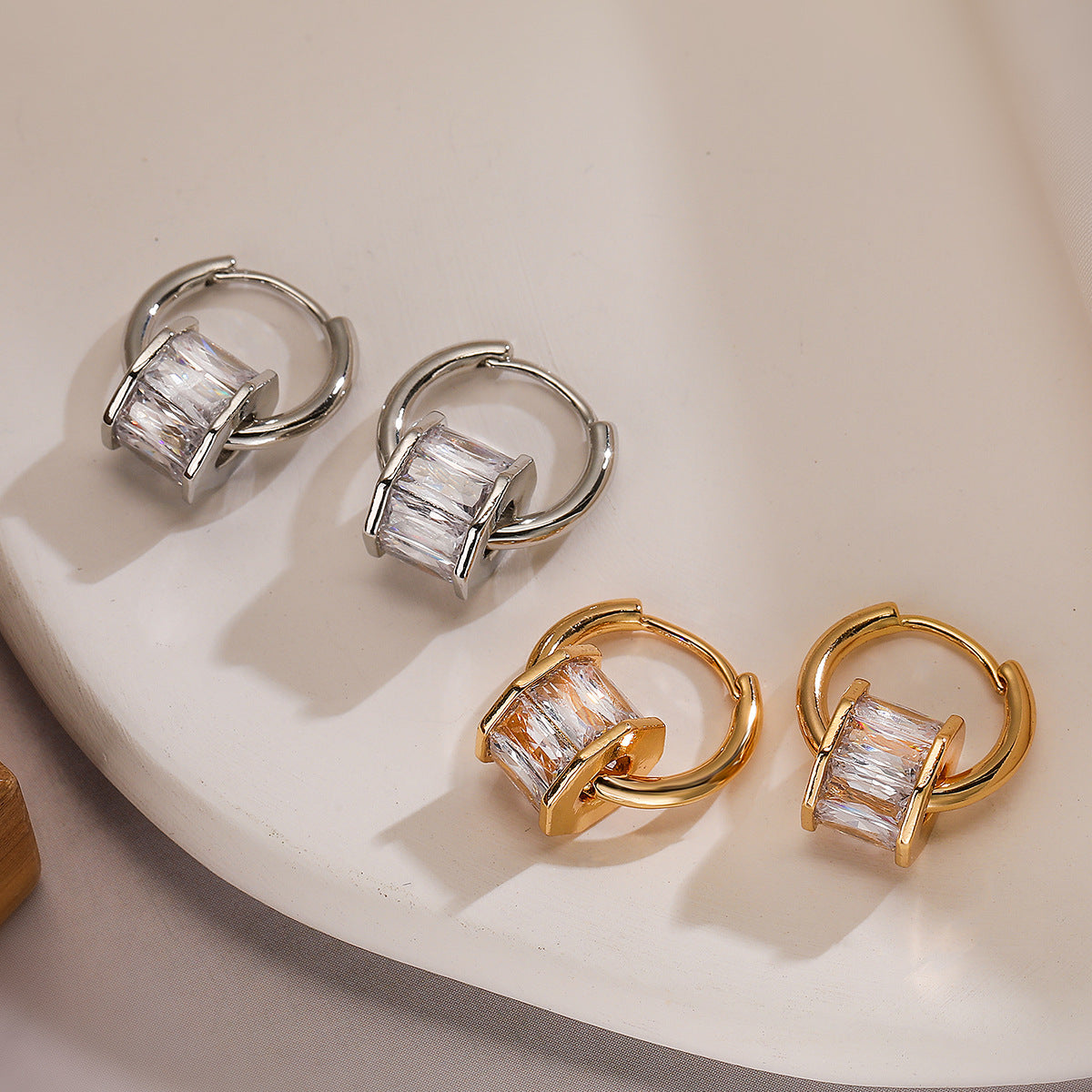 Minimalist Geometric Hoop Earrings for Women in Copper with Real Gold Plating and Zircon Inlay