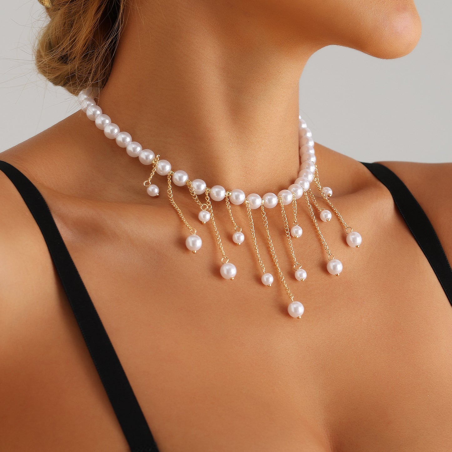 Elegant Handmade Beaded Long Pendant Necklace with Tassel Chain for Women Alloy Geometric Design Electroplated Finish