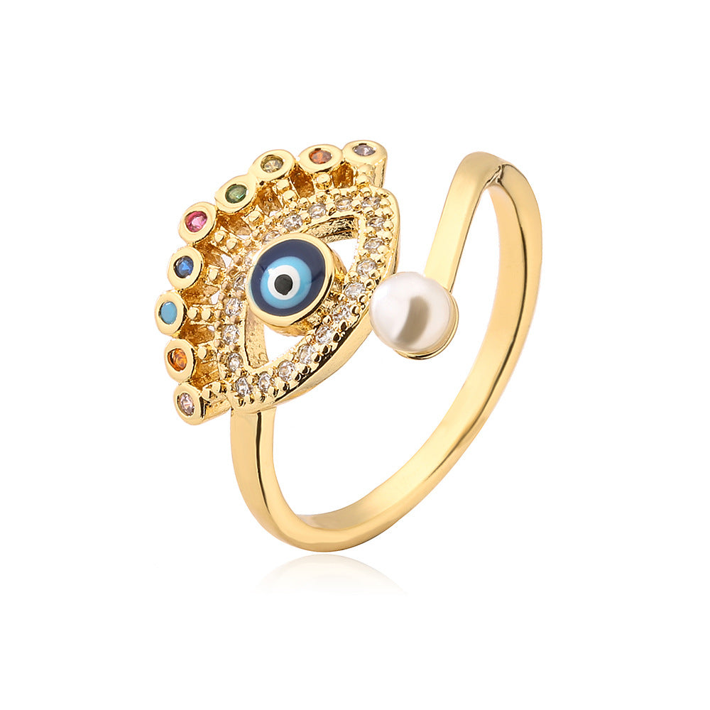 Anello Minimalista Geometrico Occhio di Falco da Donna in Rame con Placcatura in Vero Oro e Intarsi in Zircone