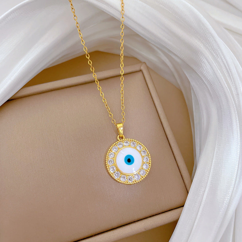 Collar con Colgante de Ojo Circular Estilo Caricatura para Mujer y Hombre de Acero de Titanio con Incrustaciones de Pedrería y Delicada Cadena de Relicario