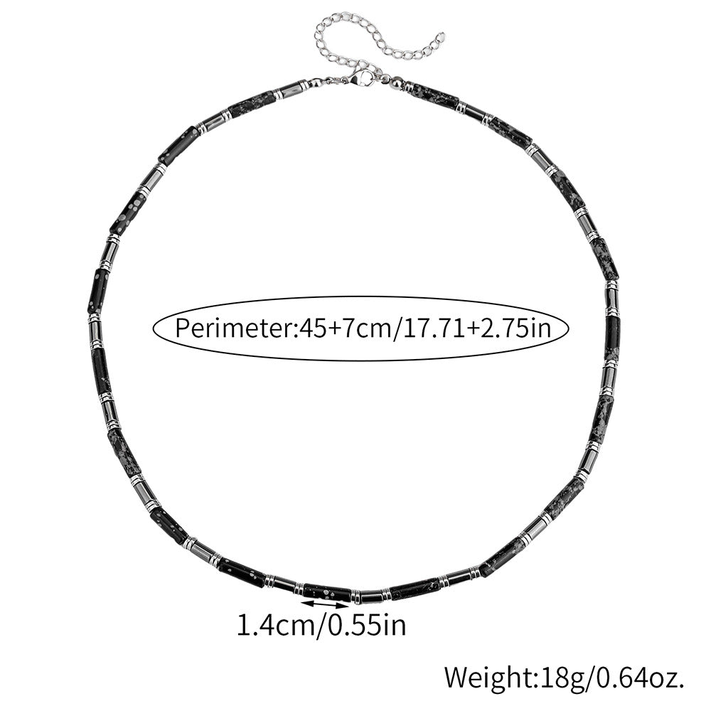 Geometric Round Stainless Steel Hematite Agate Beaded Necklace Cable Chain Unisex