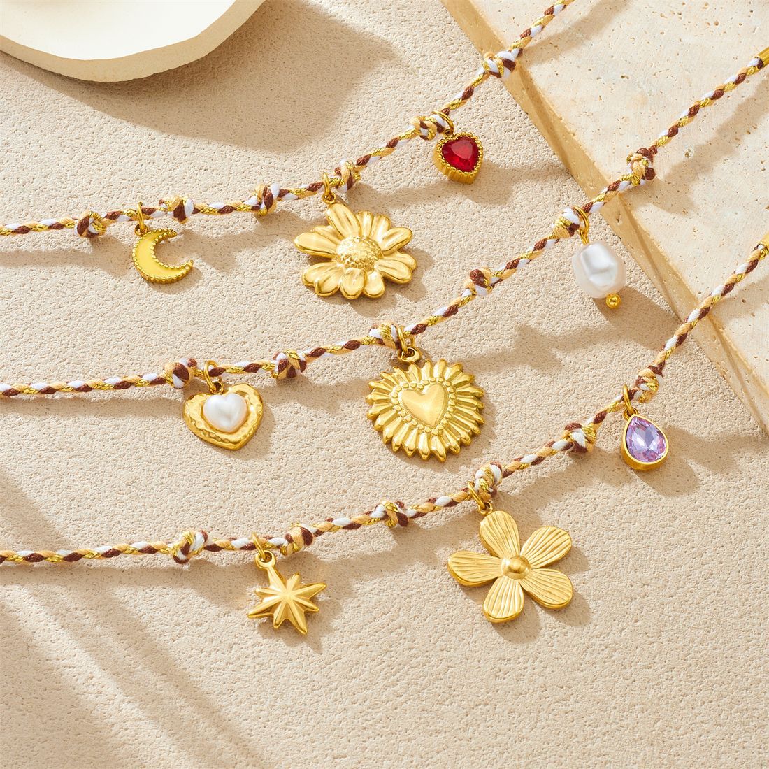 Bohemian Vintage Gold Plated Stainless Steel Charm Bar with Floral Star Moon Elements for Women