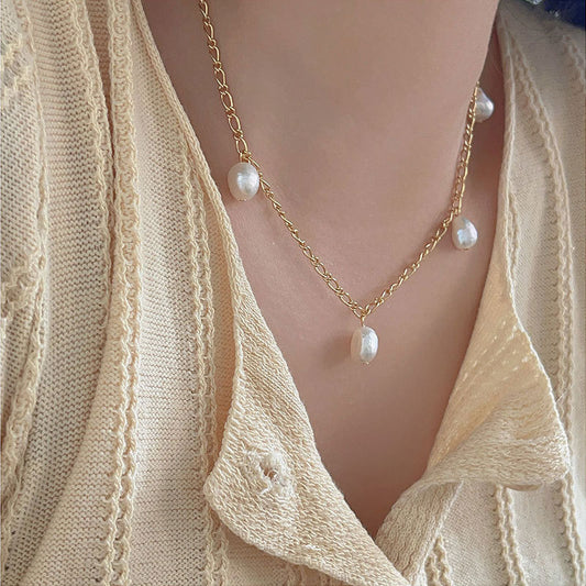 Minimalist Sweet 925 Sterling Silver Geometric Pearl Necklace for Women