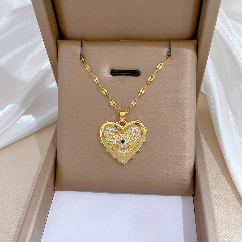Collana girocollo a cuore minimalista in acciaio al titanio da donna con strass intarsiati, catena sottile per clavicola