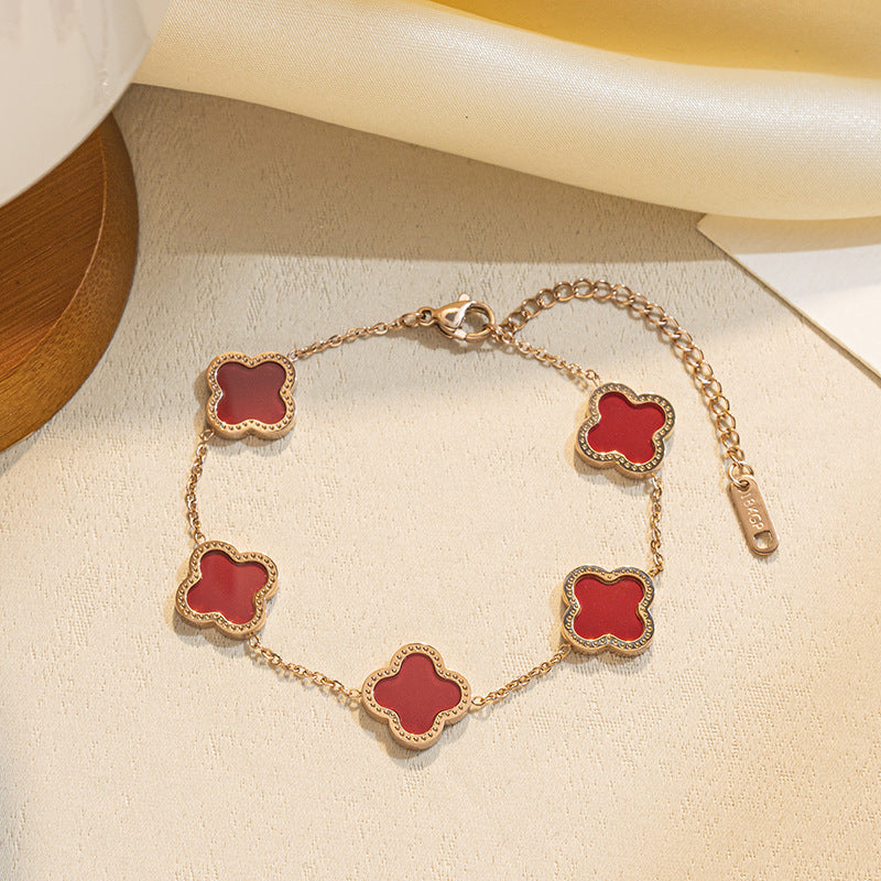 Fashion 18K Rose Gold Plated Titanium Steel Four-Leaf Clover Rhinestone Bracelet for Women