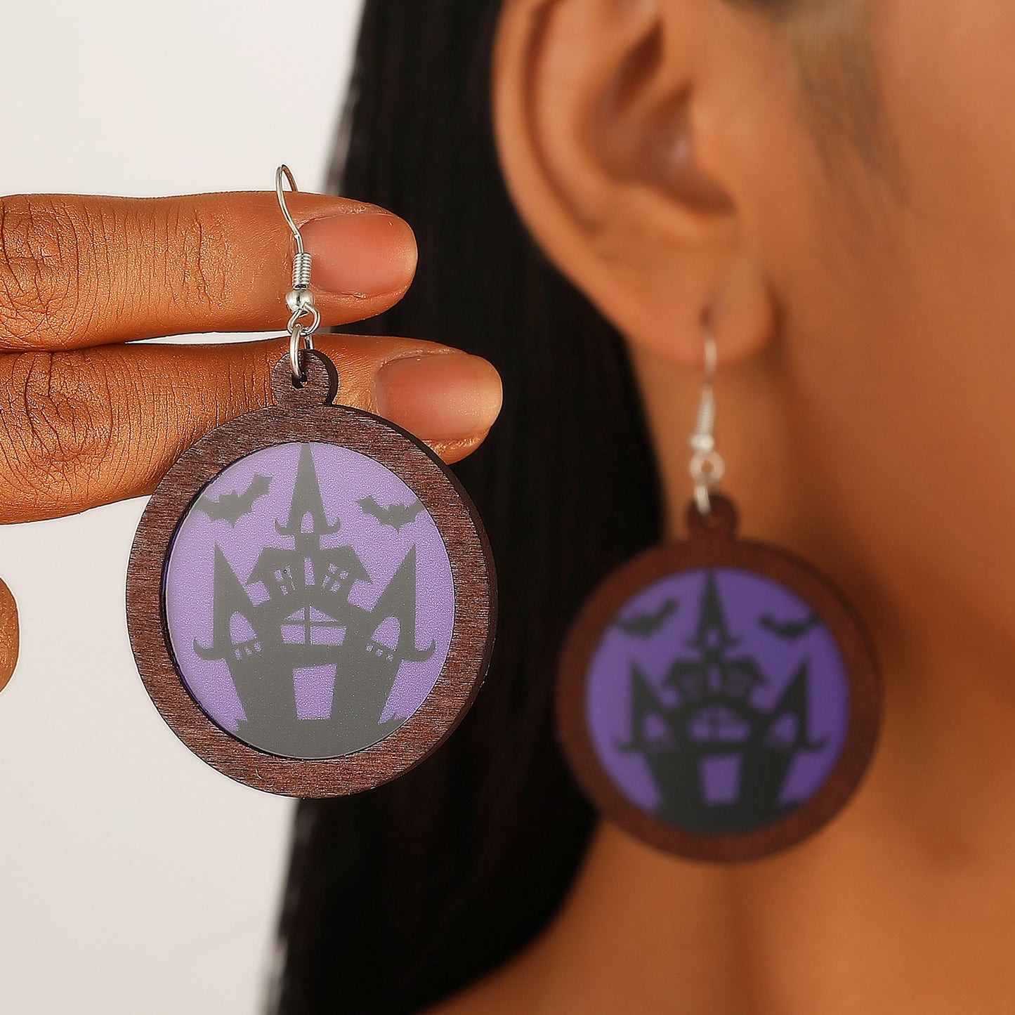 Pendientes geométricos con temática de Halloween, con motivos de calabazas y fantasmas impresos, pendientes de madera de Halloween para mujer