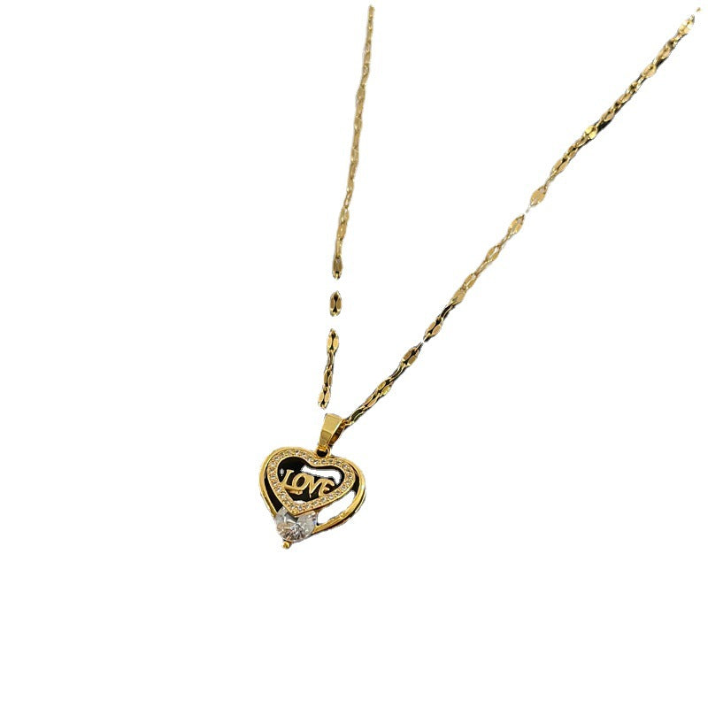Heart-Shaped Minimalist Titanium Steel Collar Chain with Copper Pendant and Rhinestone Inlay