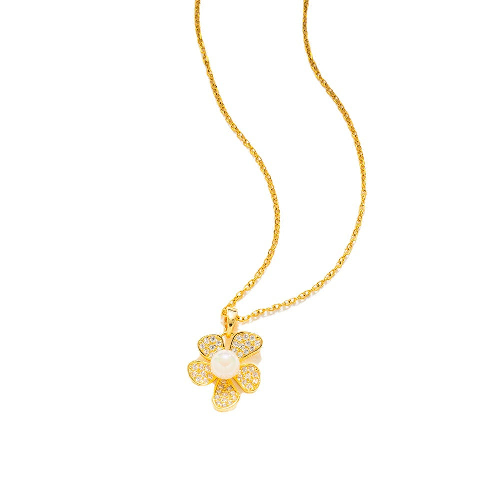 Minimalist 18K Gold Plated Titanium Steel Flower Pearl Pendant Necklace O-Chain