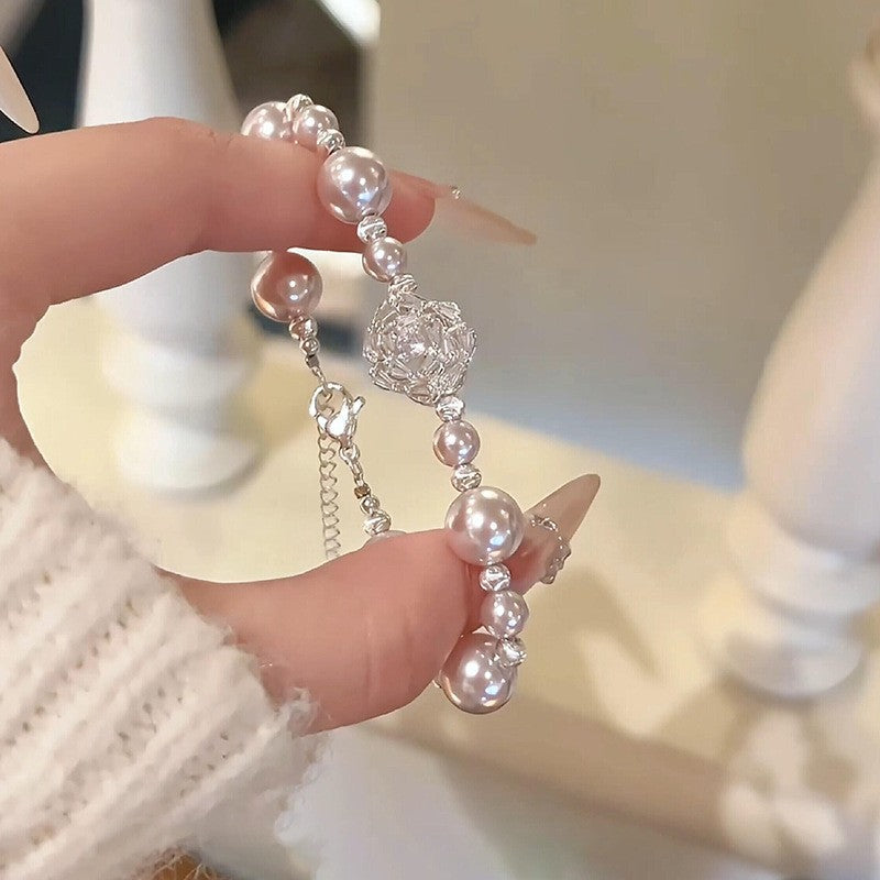 Elegante pulsera geométrica de perlas para mujer con detalles de pedrería, acabado chapado, estilo minimalista para oficina, joyería de lujo para uso diario